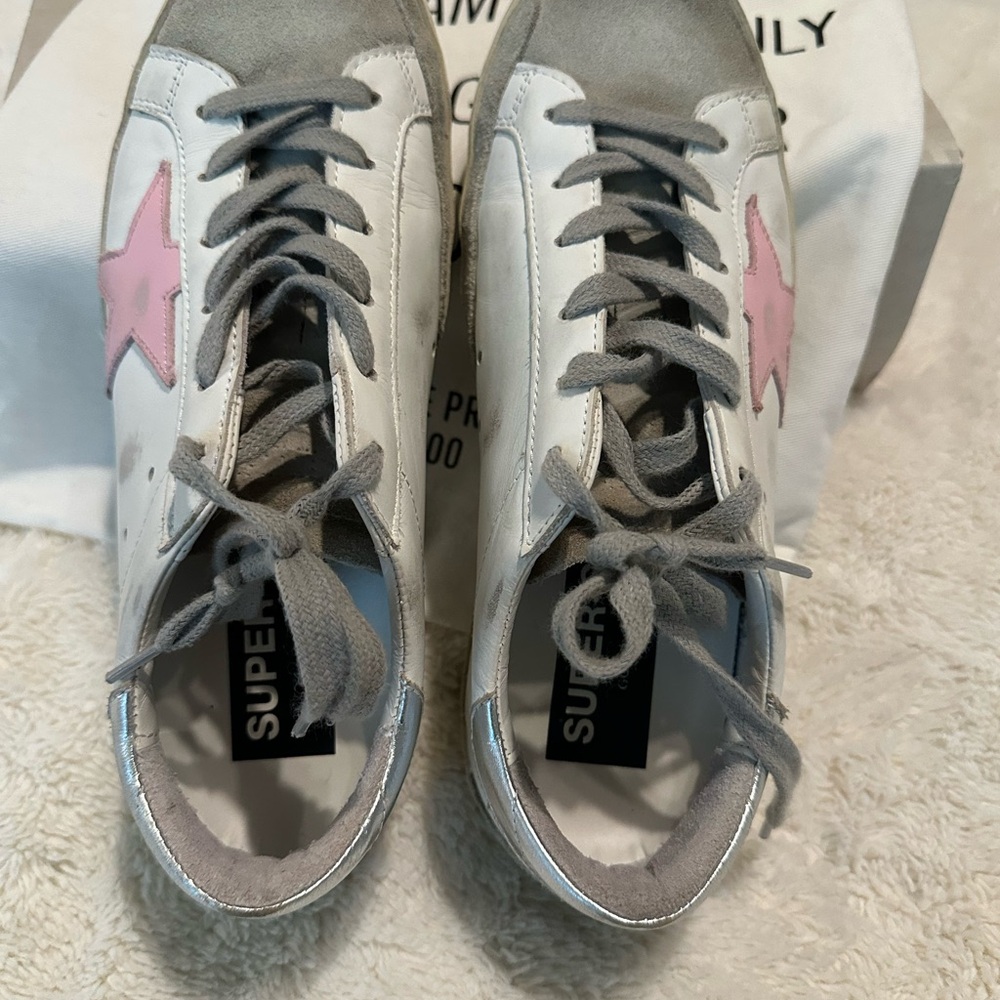 Golden Goose Super-Star Sneakers - White with Pink Star, Size 38/7.5